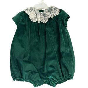 Luli & Me Emerald Green Velvet Lace Collar Bubble Romper 6M New Christening